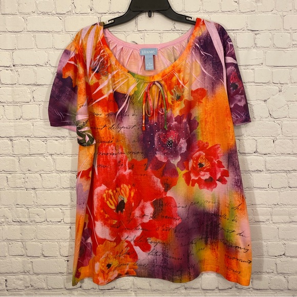 Liz & Me Womens Shirt 1X 18/20W Floral Print Round Neck Short Sleeve Bling - Picture 1 of 4